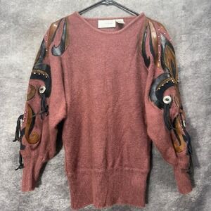 VTG 80s Cedars Silk Angora Western Sweater Womens L Fringe Faux Leather Design